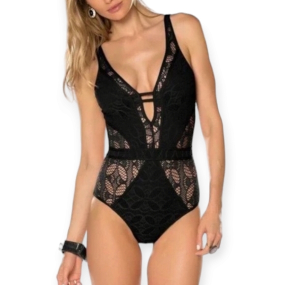 BECCA Other - Becca Swim Color Play Plunge Crochet Cut Out One Piece Swim Suit in Black Small